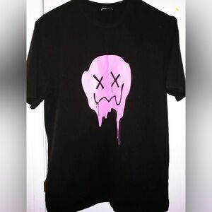 SHEIN Black Short Sleeve Pink Melting Face Graphic Tee Shirt, XL